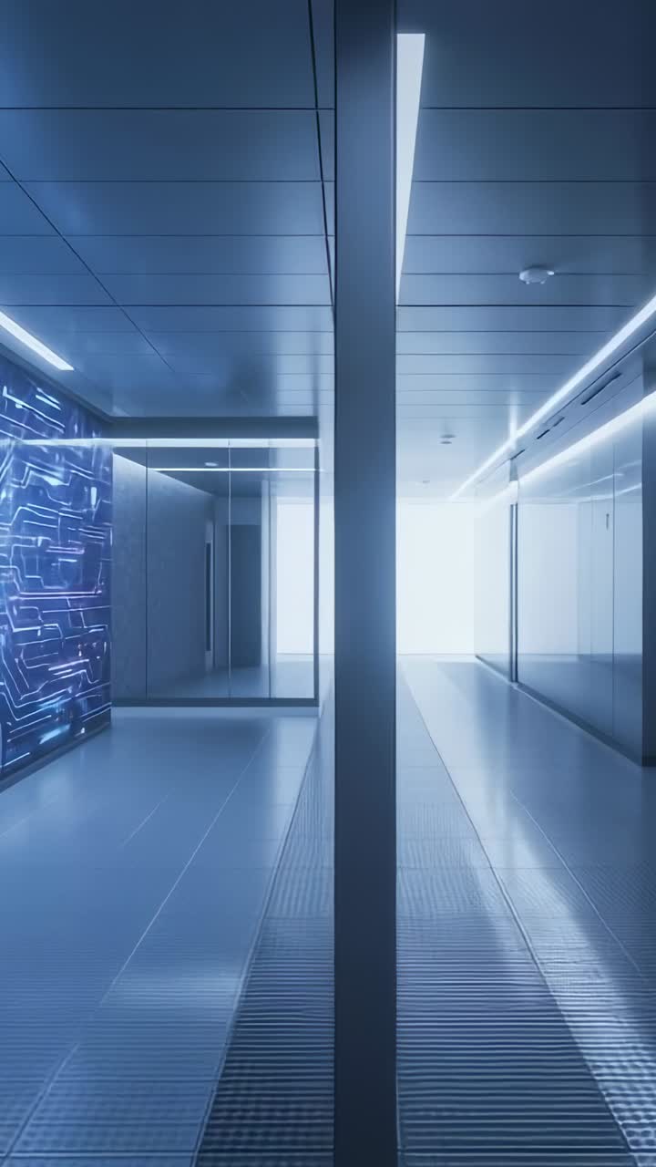 Vertical video: Camera gliding through facility corridor, exposing pillar and circuit panel