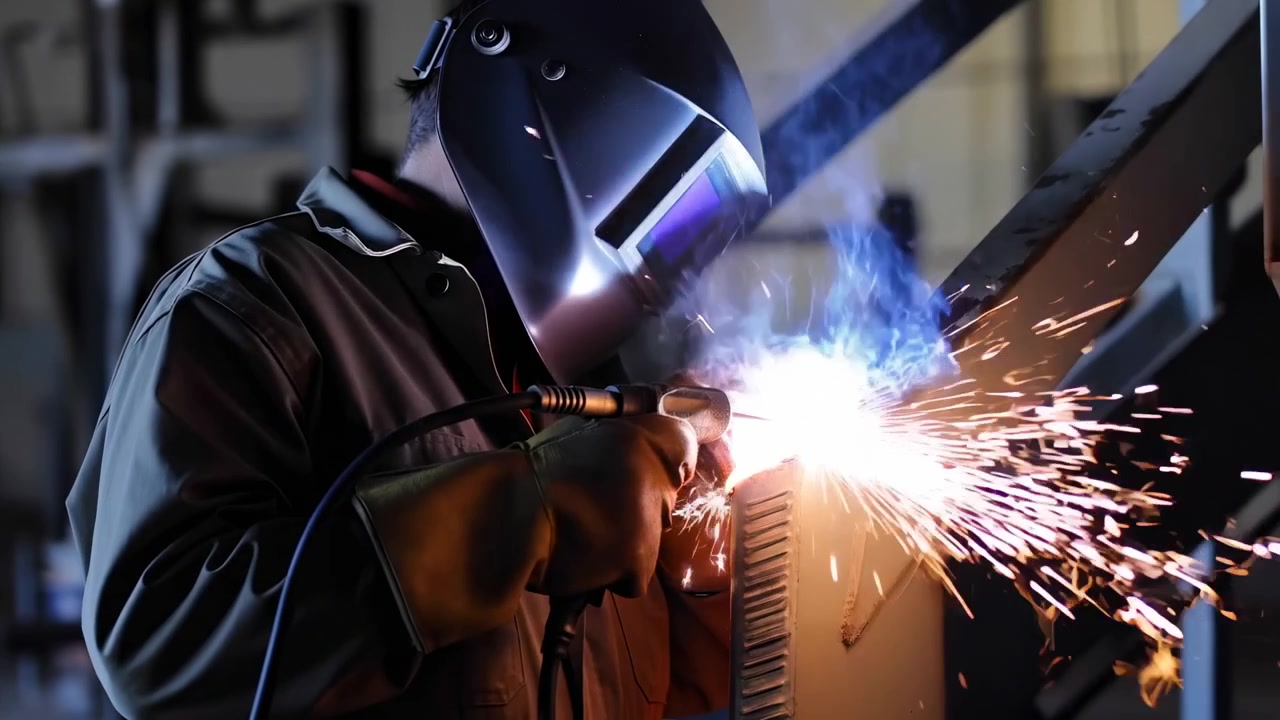 Welder In Industrial Workshop Welding Metal, Protective Helmet And Gloves, Bright Arc And Blue Smoke, Sparks