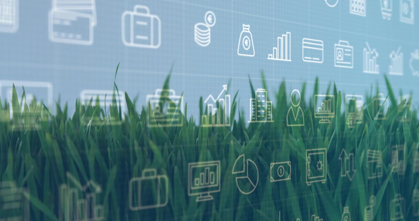 Kamera schwenkt, grünes Gras wiegt sich, Finanzsymbole gleiten und pulsieren, was Finanzen im Vergleich zur Natur zeigt.