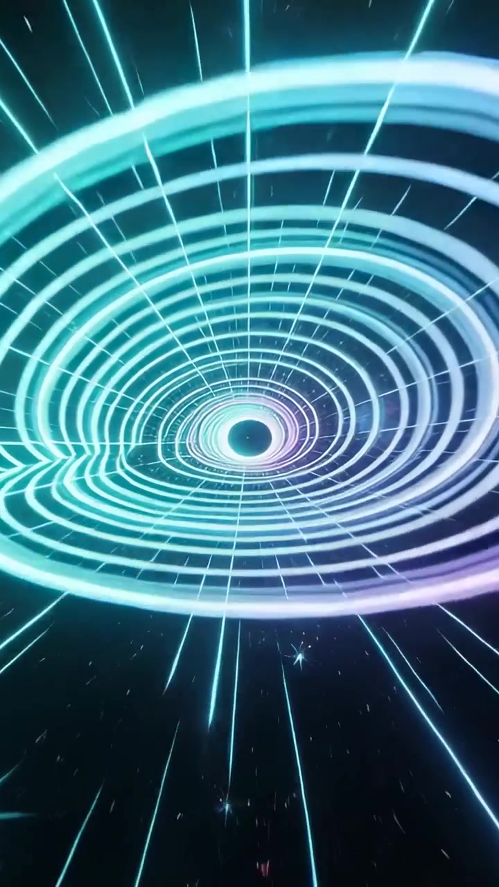 Vertikal video: Skyver dolly som bærer brukeren mot opplyst kjerne i spinnende neon-spiralrør med ringer