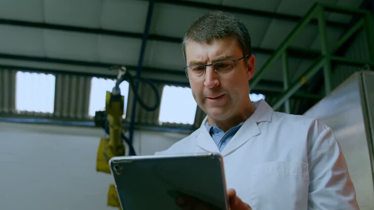 Robotingeniør bruger digital tablet på lager 4k