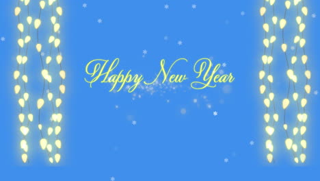 Animation-of-white-particles-over-happy-new-year-text-and-hanging-fairy-lights-on-blue-background