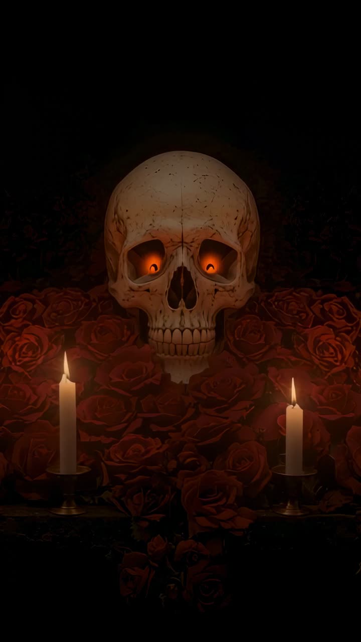Vertical video: Opening darkness, candle flames flickering on skull eye sockets at altar with roses