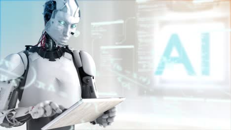 high quality rotating cgi shot of a humanoid ai robot using an ipad style tablet with mathematical equations and scrolling data in the air around him, in orange and teal color scheme