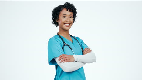 Woman,-smile-and-face-of-nurse-in-studio-with-arms