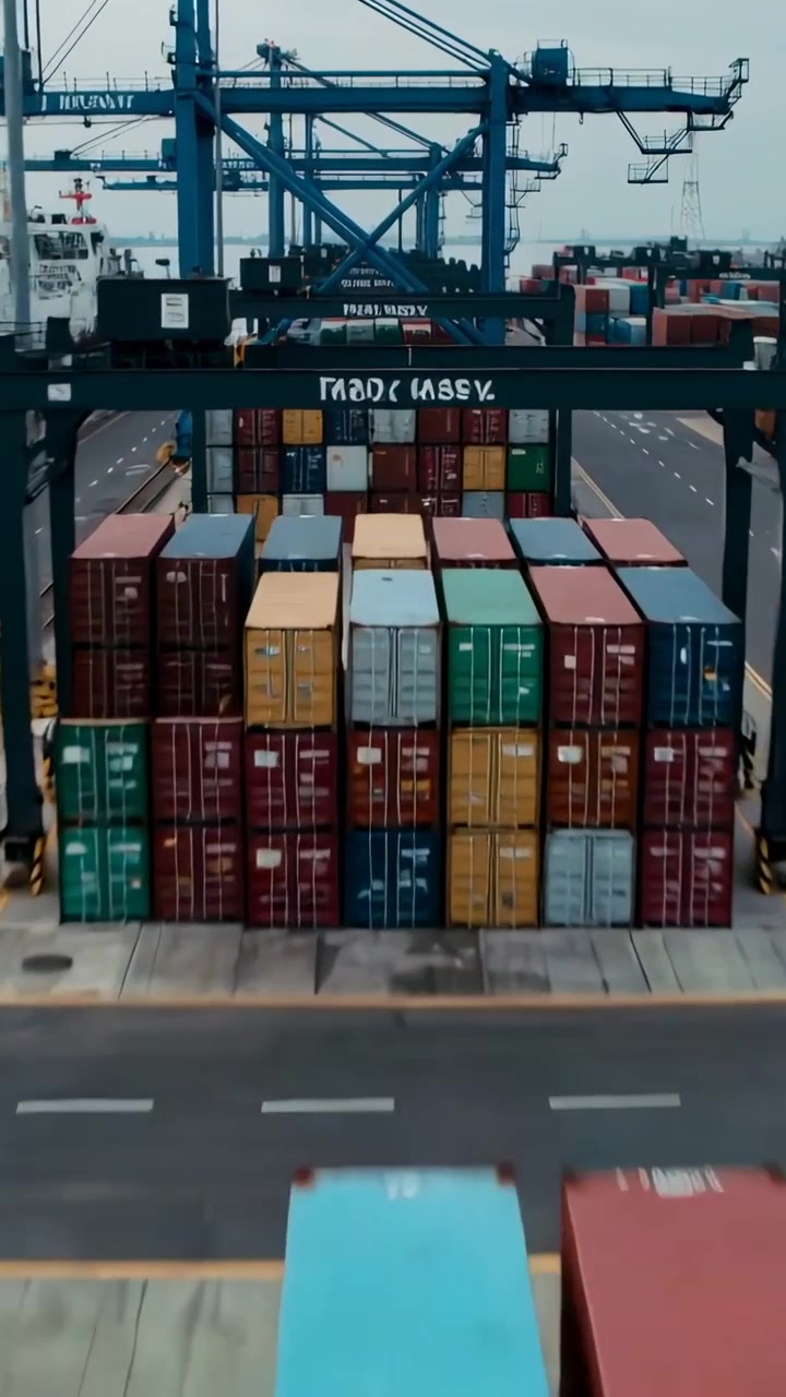 Vertical video: Starting camera revealing stacked containers at quay, with gantry, cargo ship, yard