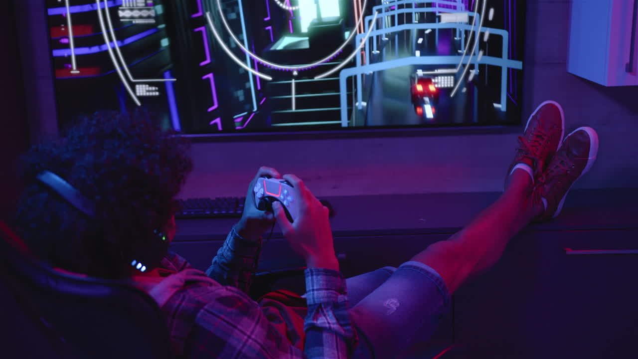 Playing video game, man with headphones using controller, relaxing at home