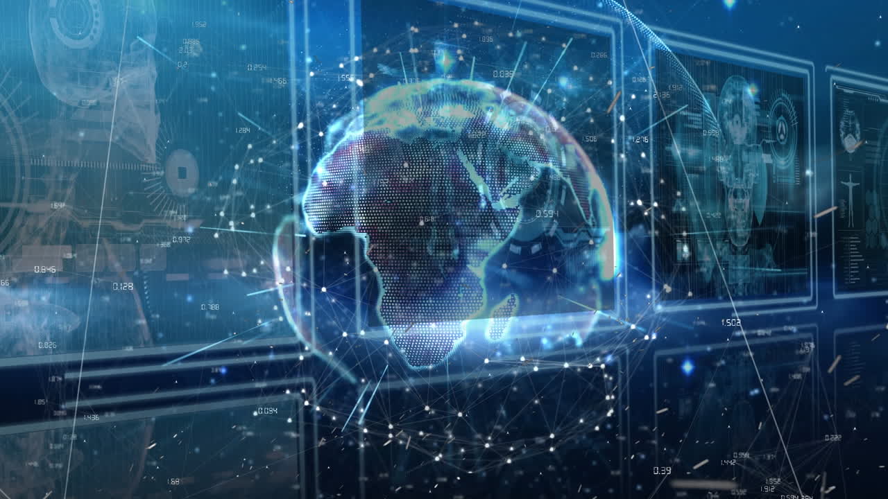 animación del globo y la red de conexiones a través del procesamiento de datos en pantallas