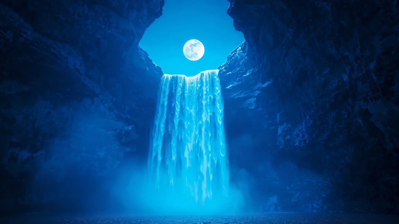 Filtering moonlight illuminating waterfall into pool in rocky cavern under full moon, mist rising