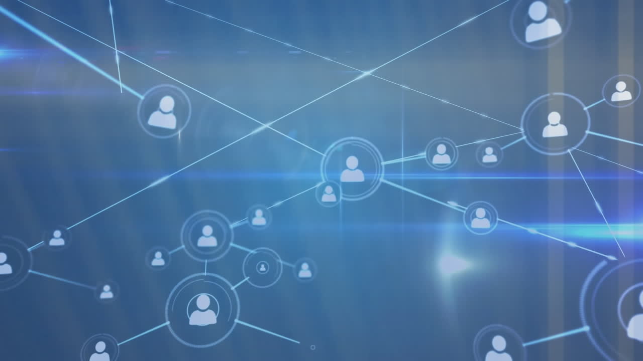 animación de la red de conexiones con iconos sobre fondo azul