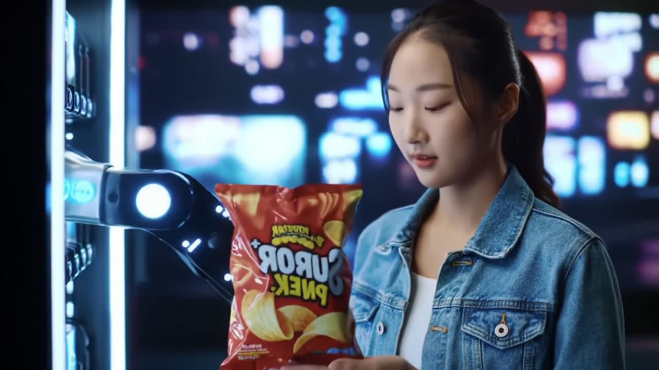 A Young Woman Selects a Snack from a Vending Machine, Delighted with Her Choice of Chips in a Modern, Futuristic Digital Environment
