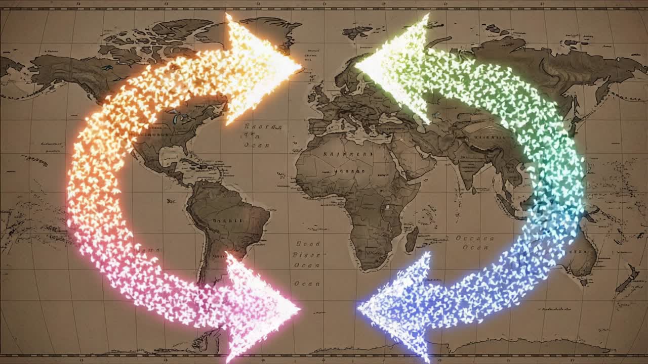 A Dynamic Illustration of Global Connections Represented by Colorful Arrows on a Vintage World Map, Emphasizing International Exchange and Movement Across Continents