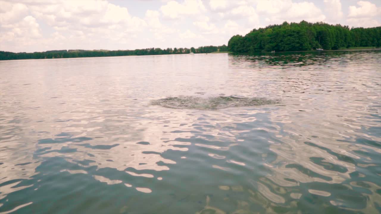 호수에서 수영하는 백인 아이를 배경으로 알프스의 놀라운 전망