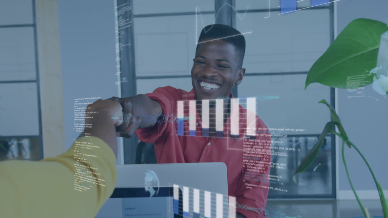 Animation of financial data processing over diverse business people in office