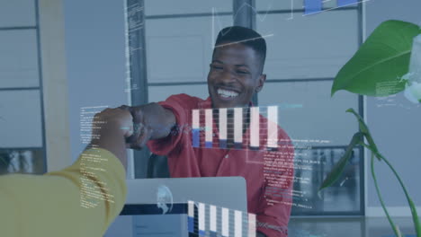 animation of financial data processing over diverse business people in office