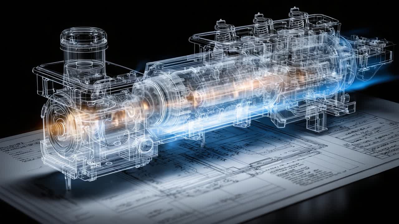 An Intricate Visualization of a Mechanical Design: Exploring the Complexity of a Transparent Engine Model with Detailed Technical Drawings Beneath It
