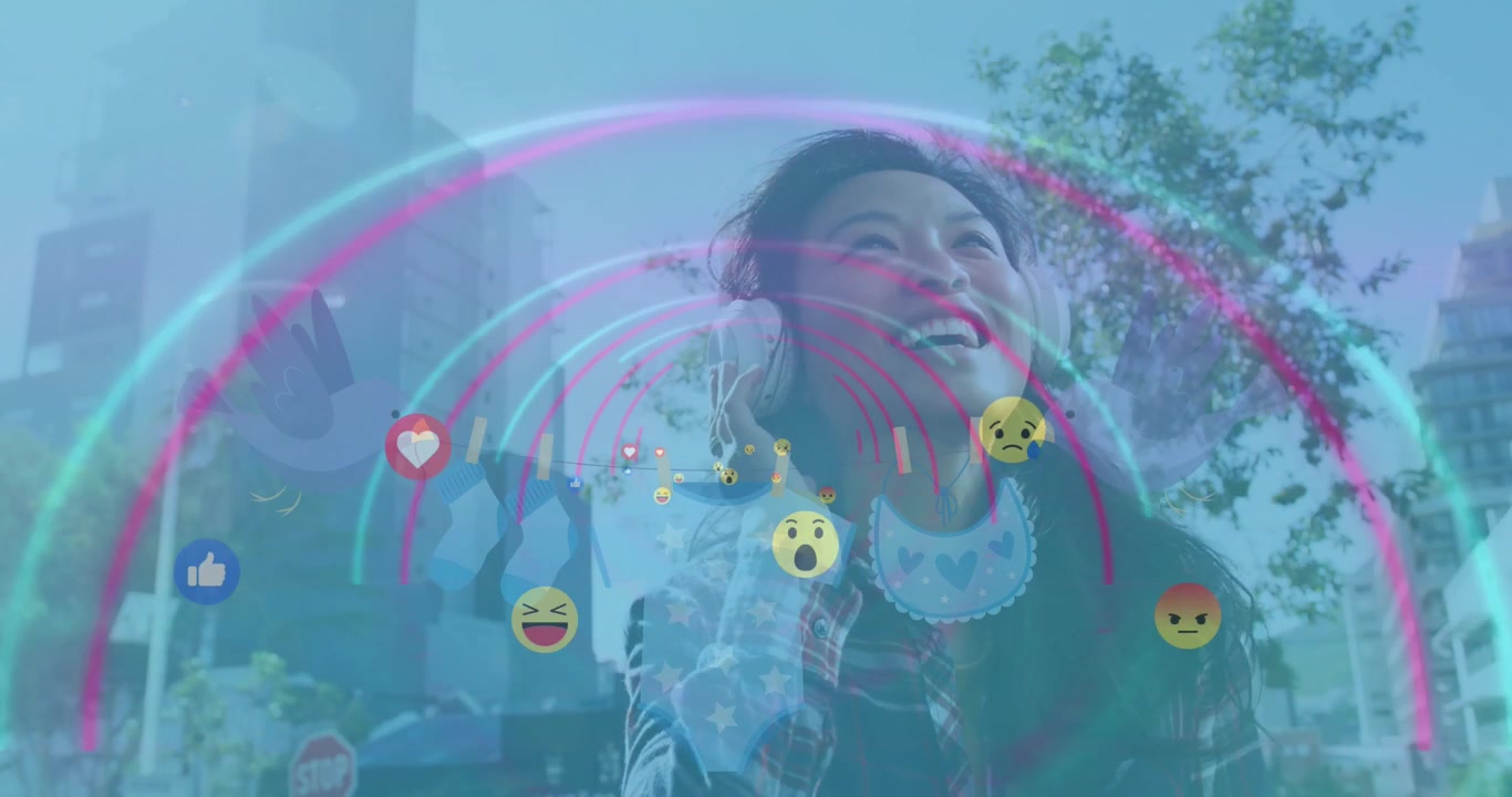 Animação de ícones emoji e linhas de néon sobre uma mulher usando fones de ouvido.