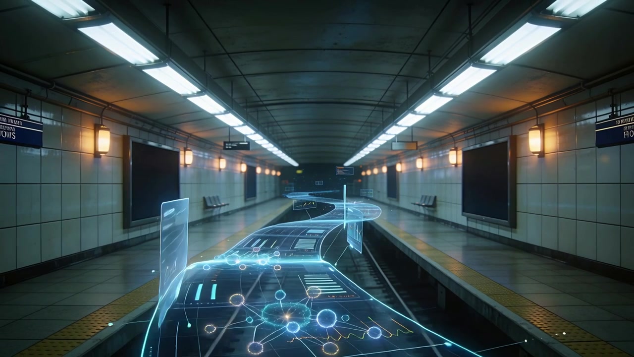 Emerging blue holographic ribbon unfolding along subway platform, showing data panels and nodes