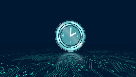 animation of moving clock over computer circuit board on black background