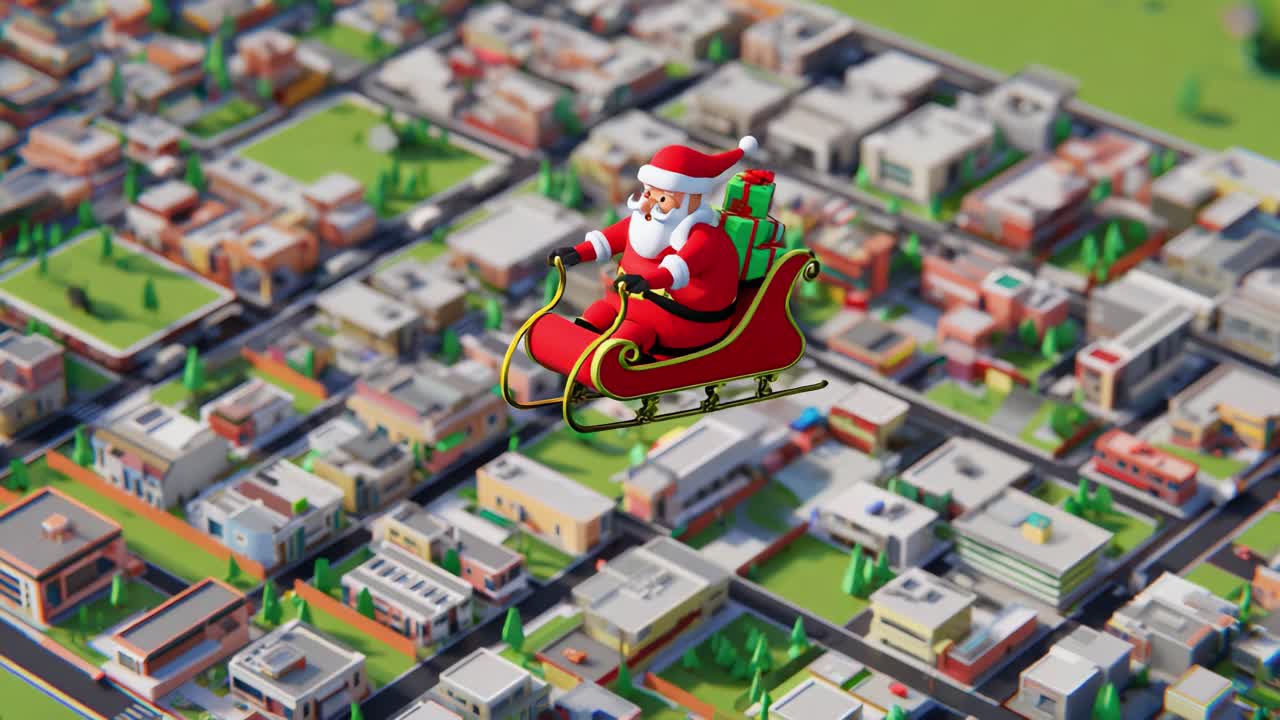 Santa Claus Joyfully Flying Over a Modern Cityscape in His Sleigh, Loaded with Gifts, Celebrating the Holiday Spirit and Bringing Cheer to Urban Residents During Festive Season