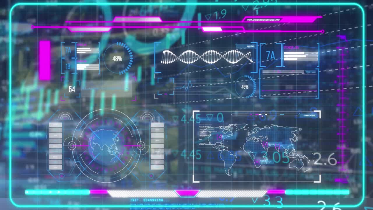 도시 풍경 위의 데이터 처리 애니메이션