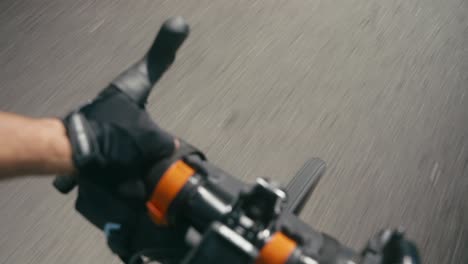 cyclist's perspective riding a bicycle, handlebars visible, motion blur on sunny day