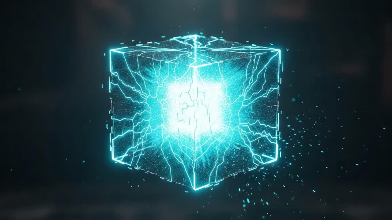 A Captivating Glimpse of a Mysterious Energy Cube Radiating Electric Light and Intricate Patterns from Its Core, Surrounded by a Subtle Dark Background