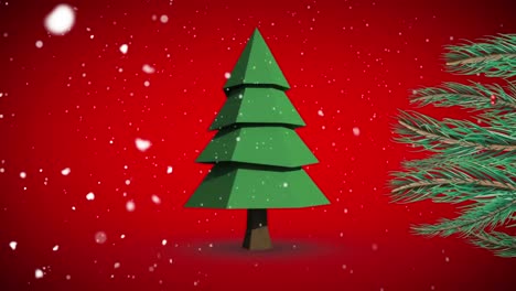 Animation-of-turning-christmas-tree-and-snow-falling-on-red-background