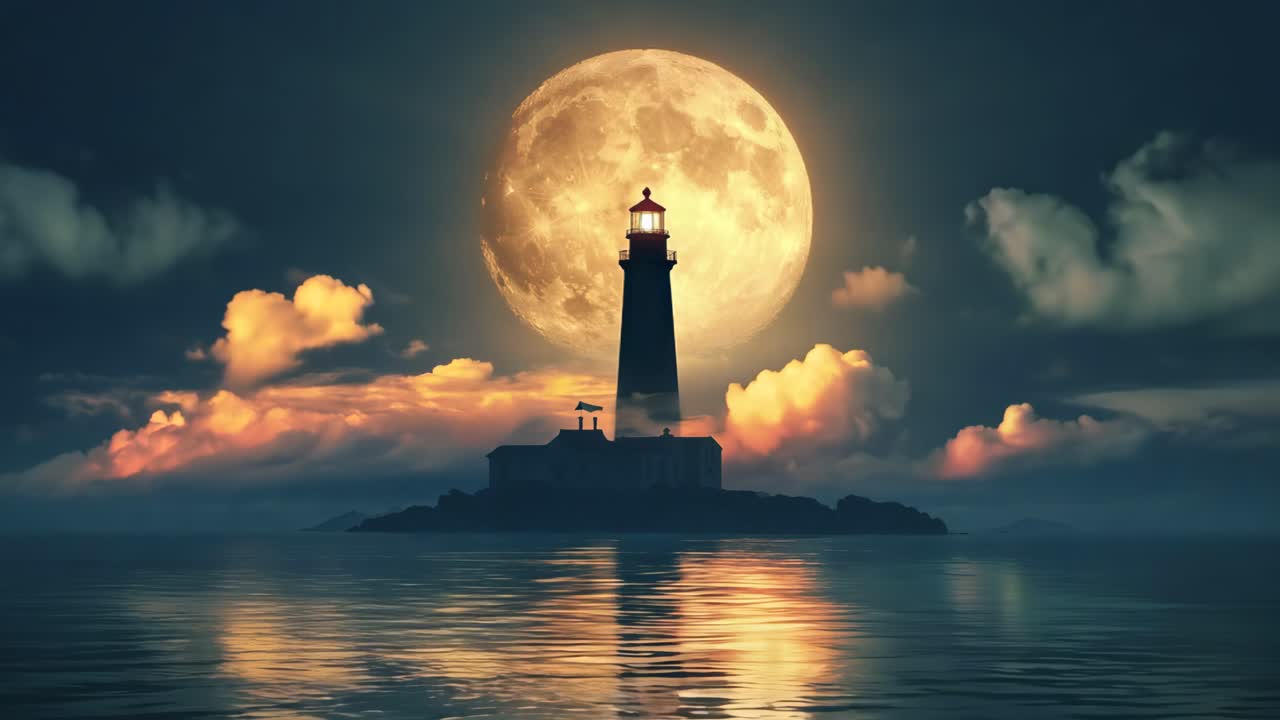 A lighthouse is lit up in the dark with a full moon in the background ...