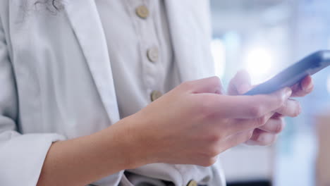 business woman, hands and typing on smartphone