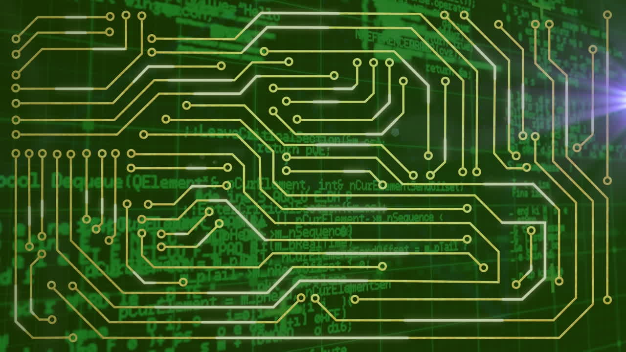 컴퓨터 회로판 위의 빛 트레일의 애니메이션과 검은 바탕의 데이터 처리