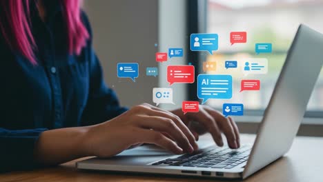 engaging in digital communication: a dynamic interaction between human and ai through text messages over a laptop, capturing the essence of modern connection