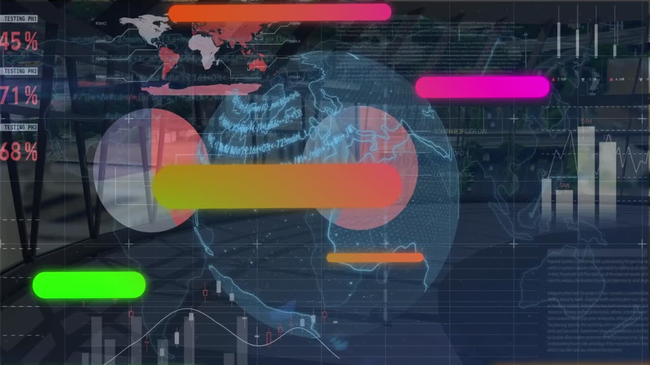 녹색과 오렌지색 튜브의 애니메이션과 해군 공간에서 전 세계를 이동하는 금융 데이터.