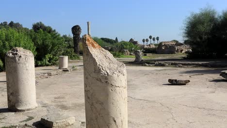 las antiguas ruinas romanas se encuentran bajo el cielo azul claro en cartago, tunisia.