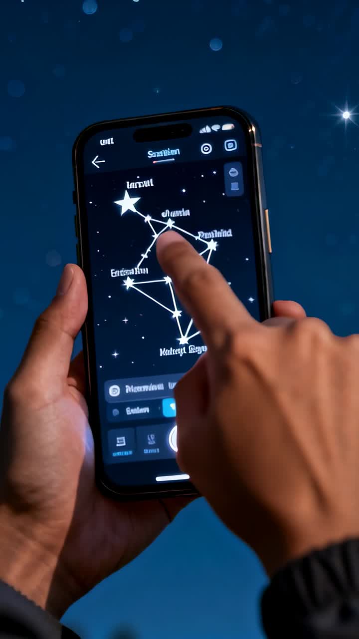 Vertical video: Holding phone night right finger tapping map selecting star to save shutter sleeve