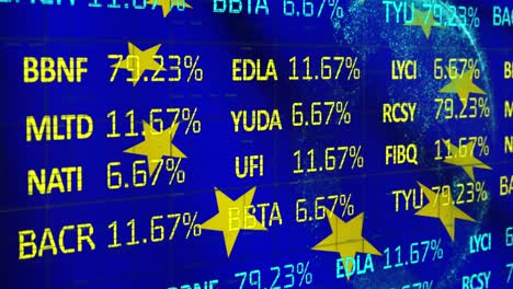 digital composite video of eu flag waving against stock market data processing in background