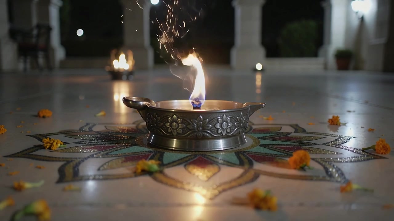 Burning ornate metal oil lamp emitting sparks and smoke on veranda rangoli, for ceremonial ritual