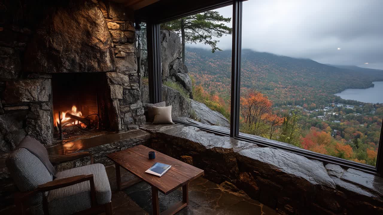 Cozy Mountain Retreat: A Scenic View of Autumn Colors from a Rustic Stone Cabin with a Warm Fireplace and Panoramic Windows