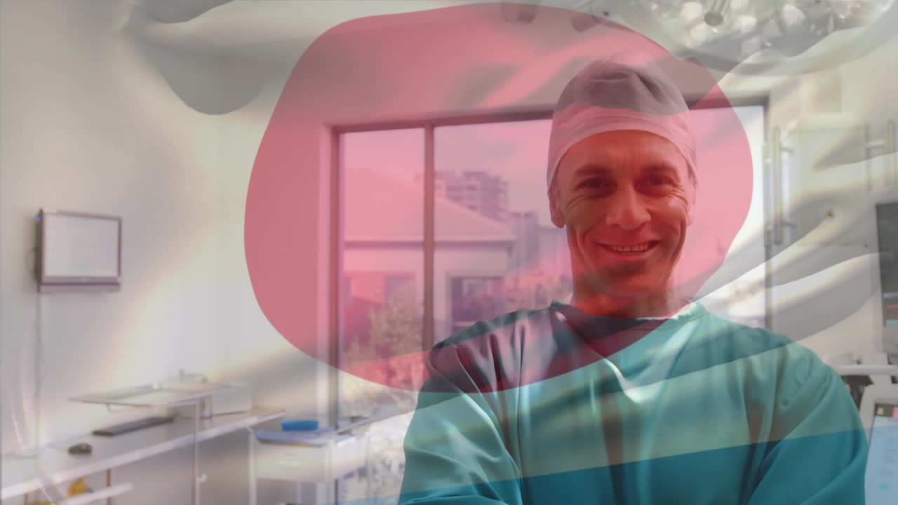 수술실 에서 외과 의사 들 위 에 흔들리는 일본 국기 의 애니메이션