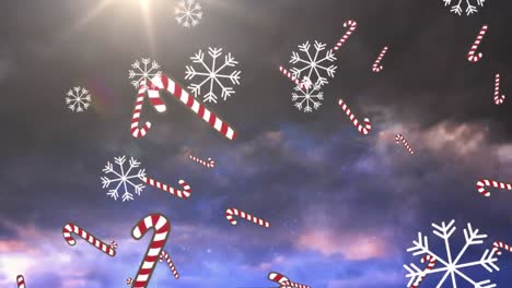 Animation-of-candy-canes-and-snowflakes-over-fireworks-on-dark-background