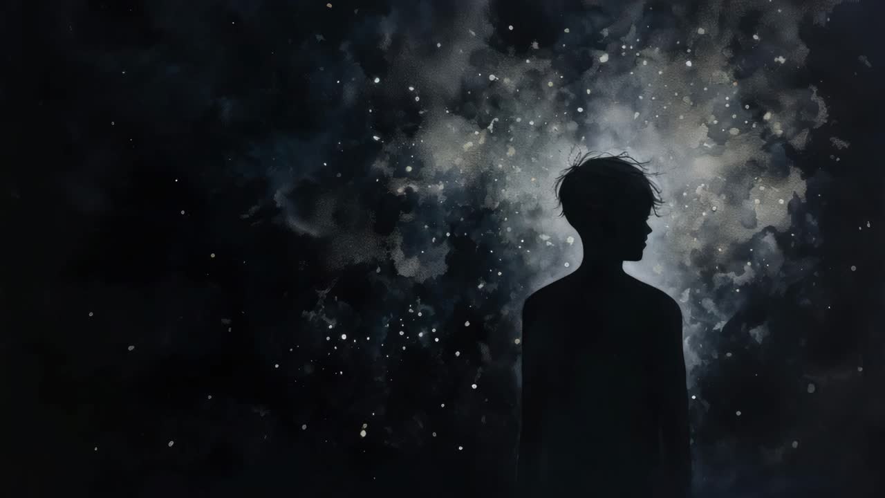 Silhouette of a person against a starry night sky, captured from a side angle