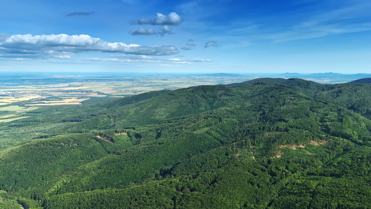 Summer hills in scenic view. Lush green hills stretch across the landscape under a bright blue sky during a sunny summer day