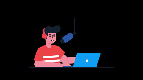una animación de dibujos animados en 2d con un personaje de podcast masculino, un micrófono y una computadora portátil