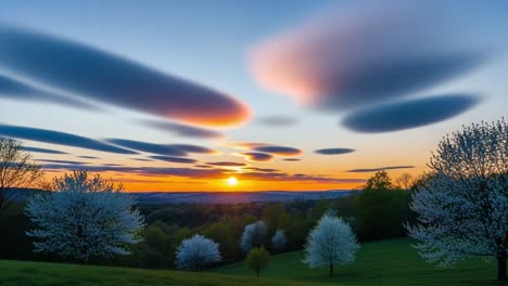 A Serene Transition: Blooms and Vibrant Skies Capture the Beauty of Sunset Over a Blooming Landscape with Unique Cloud Formations