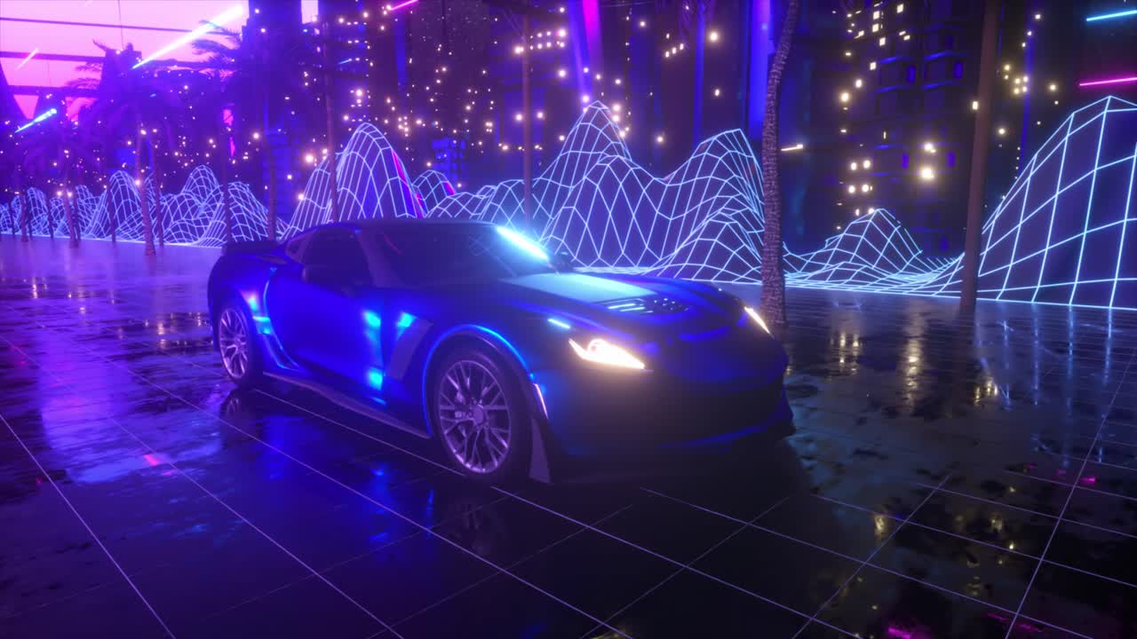 네온 사이버 크 도시 풍경에서 레트로 퓨처스 스포츠카