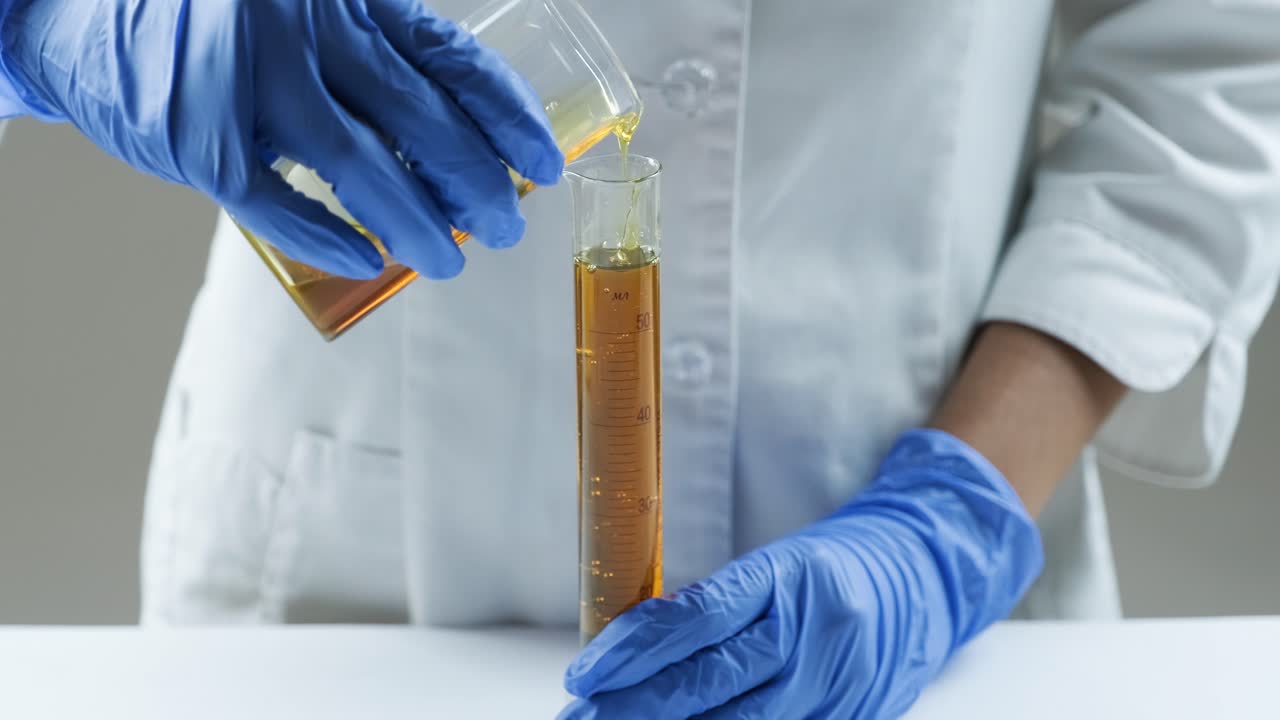 과학자가 시험관에 액체를 부어 넣고 있다.