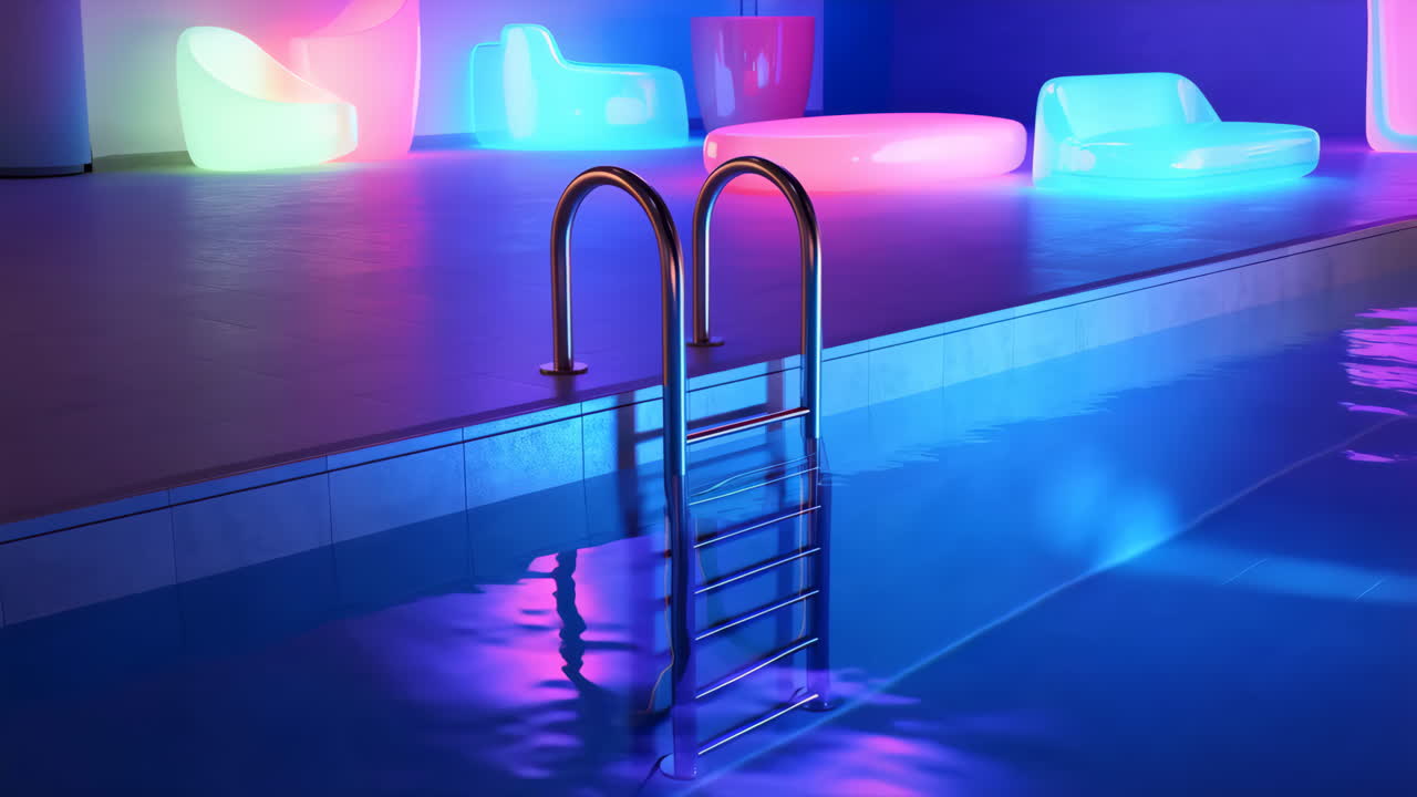Vibrant Indoor Pool with Neon Glowing Furniture