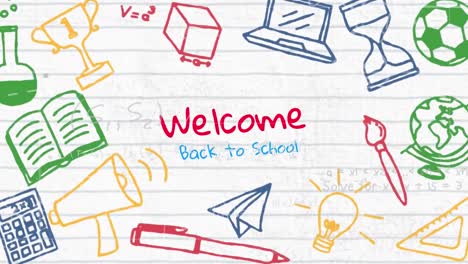 Animation-of-welcome-back-school-text-and-colorful-icons-on-white-background