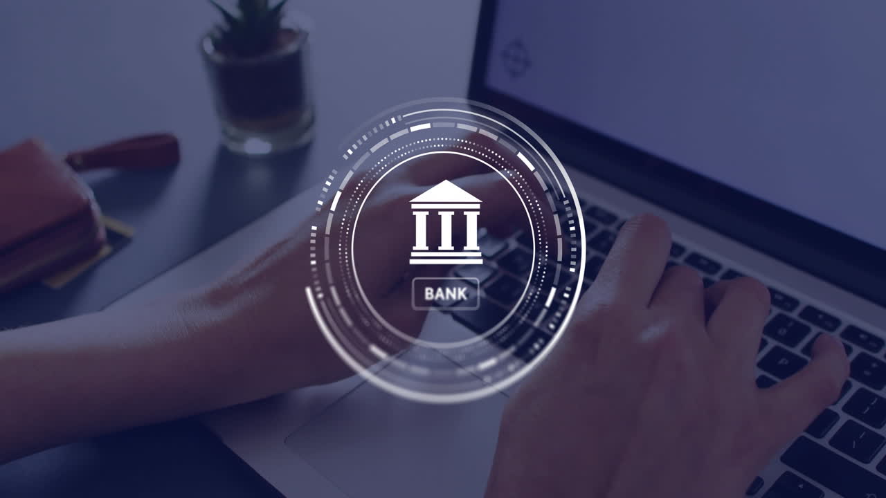 animación de letrero del banco, red y procesamiento de datos sobre mujer caucásica usando portátil