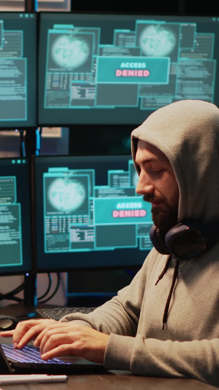 Vertical video: Male criminal trying to break database server